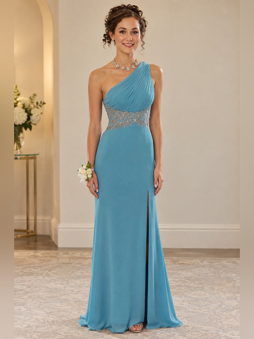 Morgan & Co. One-Shoulder Sky Blue Evening Gown with Beaded Waist